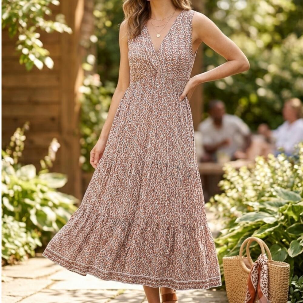 Max Studio Ditsy floral v neckline tiered maxi dress boho cottage summer dress